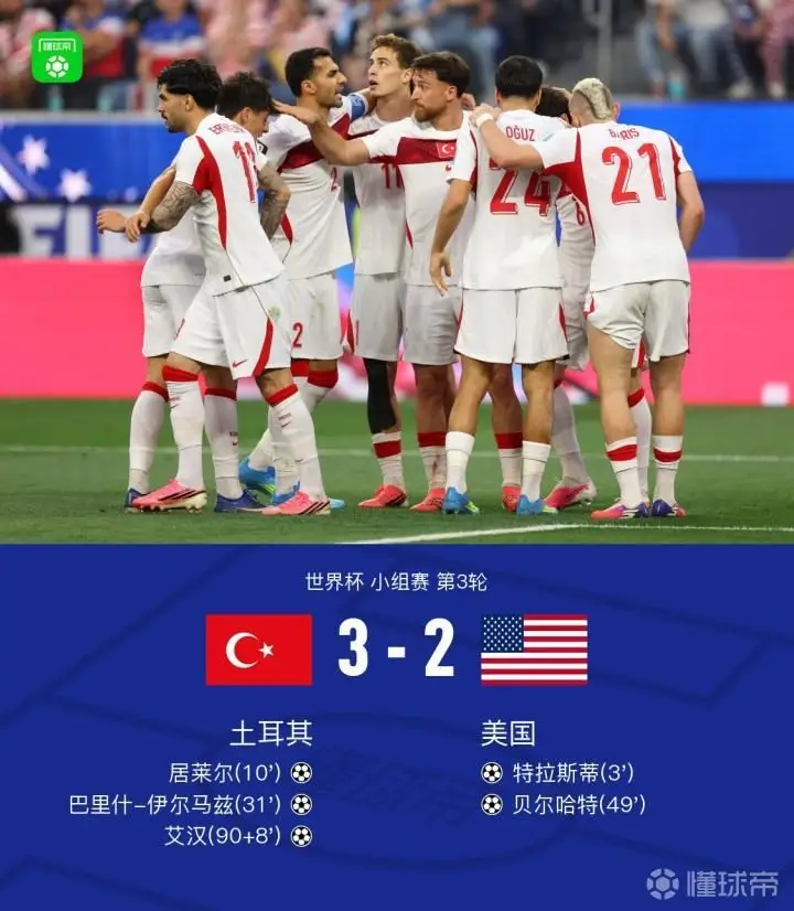 土耳其3-2绝杀美国，居莱尔与伊尔马兹联手破门