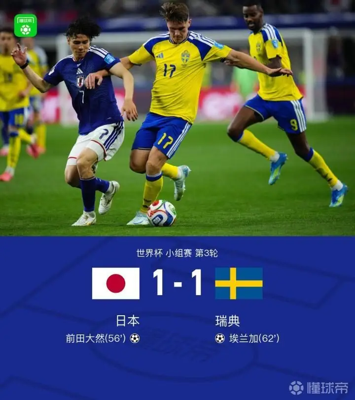 日本1-1瑞典，晋级16强将迎战巴西，前田大然破门