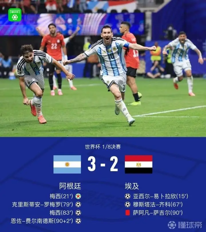 阿根廷3-2逆转埃及，梅西传射，恩佐绝杀晋级八强