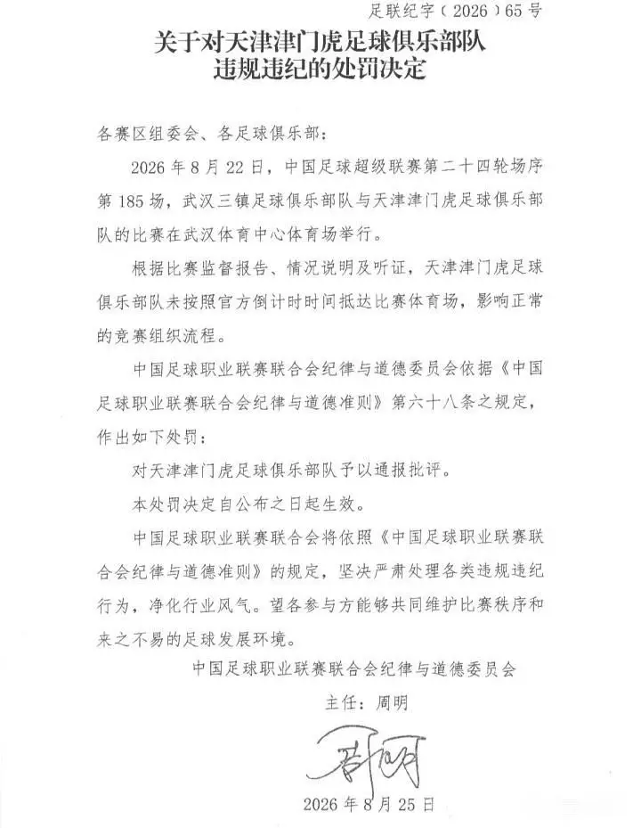 中足联对津门虎队的处罚决定