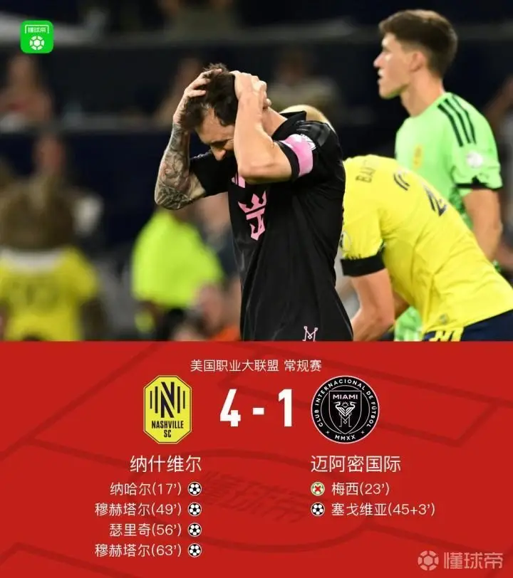 迈阿密国际1-4纳什维尔,梅西失点+送助攻+两中柱,里奥斯超巨失误